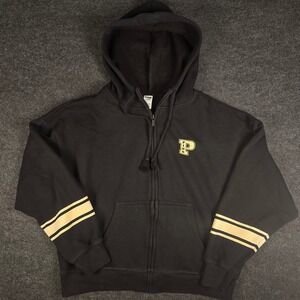 Victoria's Secret PINK Women's Black Zip Hoodie Stripe Sleeve Cozy Fleece Size M